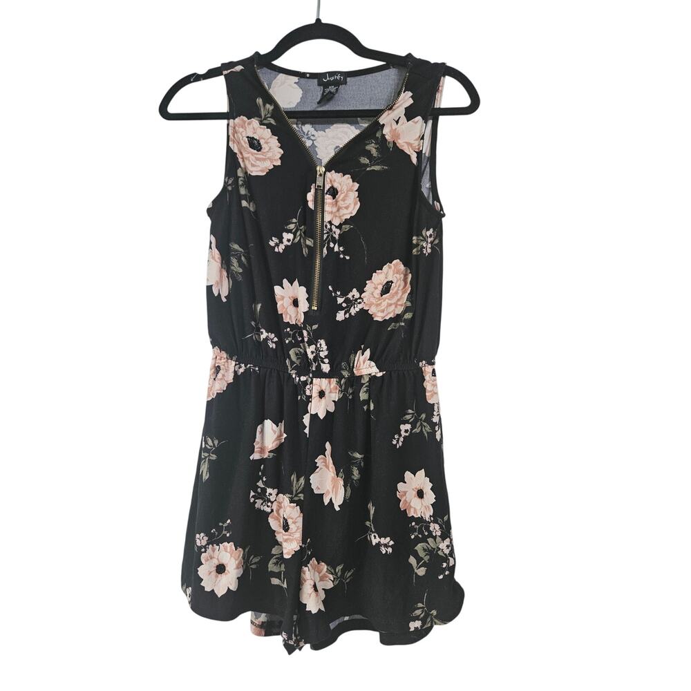 Justify Y2K Floral Romper Women's Medium Black Pink Zip Front Boho Fairycore